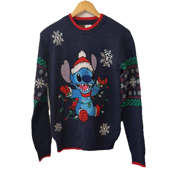 Disney Lilo & Stitch Christmas Sweater XS Lights Up Holiday Ugly Sweater Navy - Picture 1 of 9
